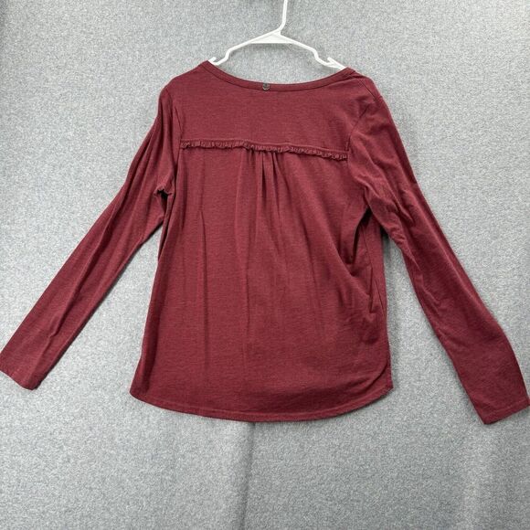 PrAna T-Shirt Womens Medium Dark Red Long Sleeve V-Neck Tee Basic Ruffle Accent - Picture 9 of 12